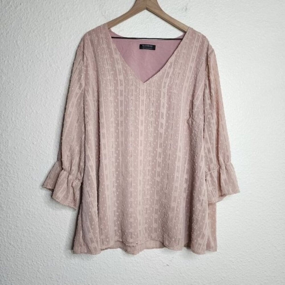 Bloomchic Textured Mesh V Neck Lantern Sleeve Blouse Blush Pink Plus Size 22/24